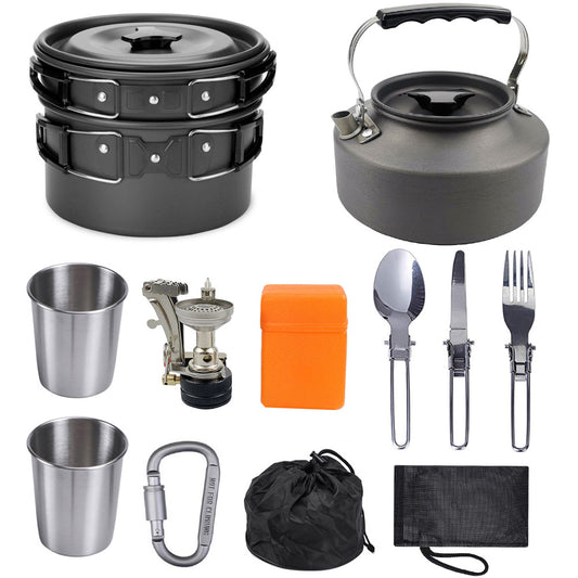 (9.01) Stove + Kit of Pots, Cutlery, Teapot and Camping Glasses